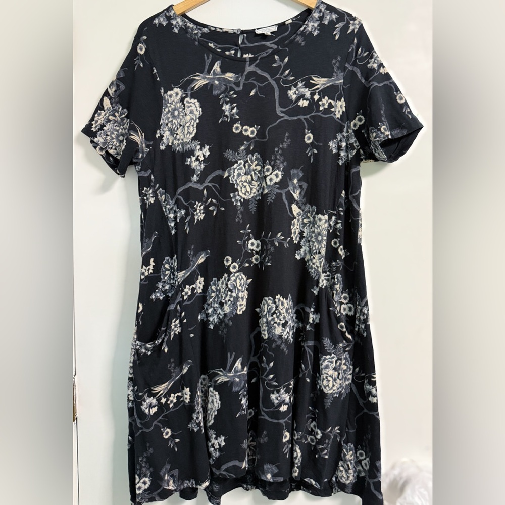 Fat Face Black Cream Floral Tunic Top US 14 UK 18 Pockets